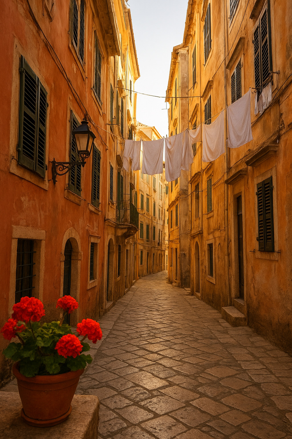 Narrow cobblestone street in Corfu Old Town with Venetian architecture and laundry hanging from balconies.