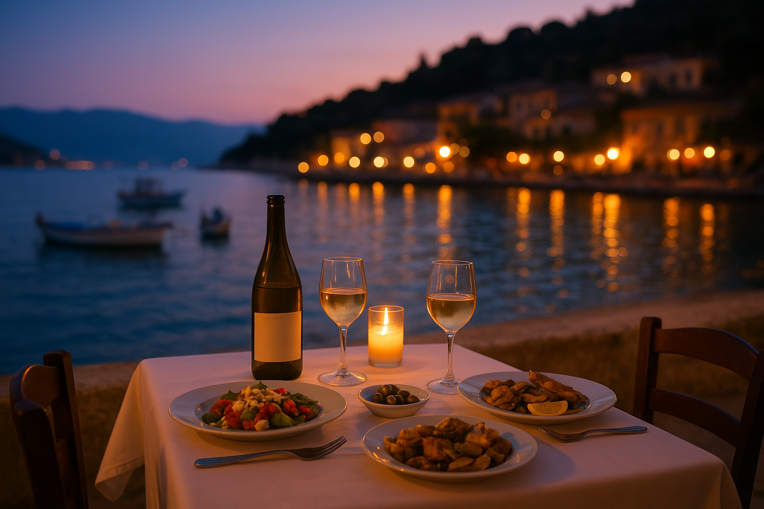 Romantic waterfront dining in Kassiopi harbor, Corfu, with view of fishing boats at night.