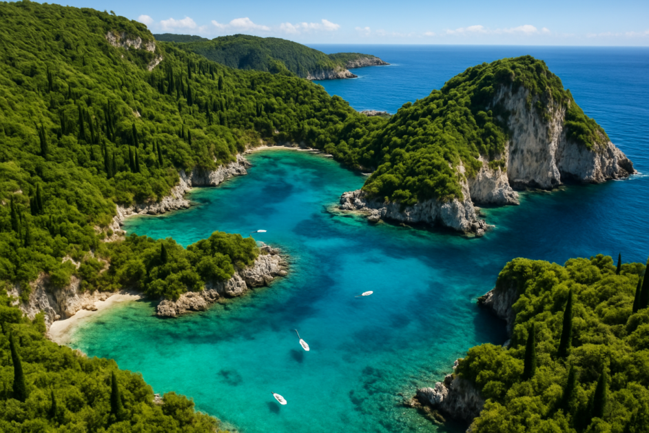 Aerial view of Paleokastritsa bays in Corfu, Greece, showing turquoise water and lush green cliffs